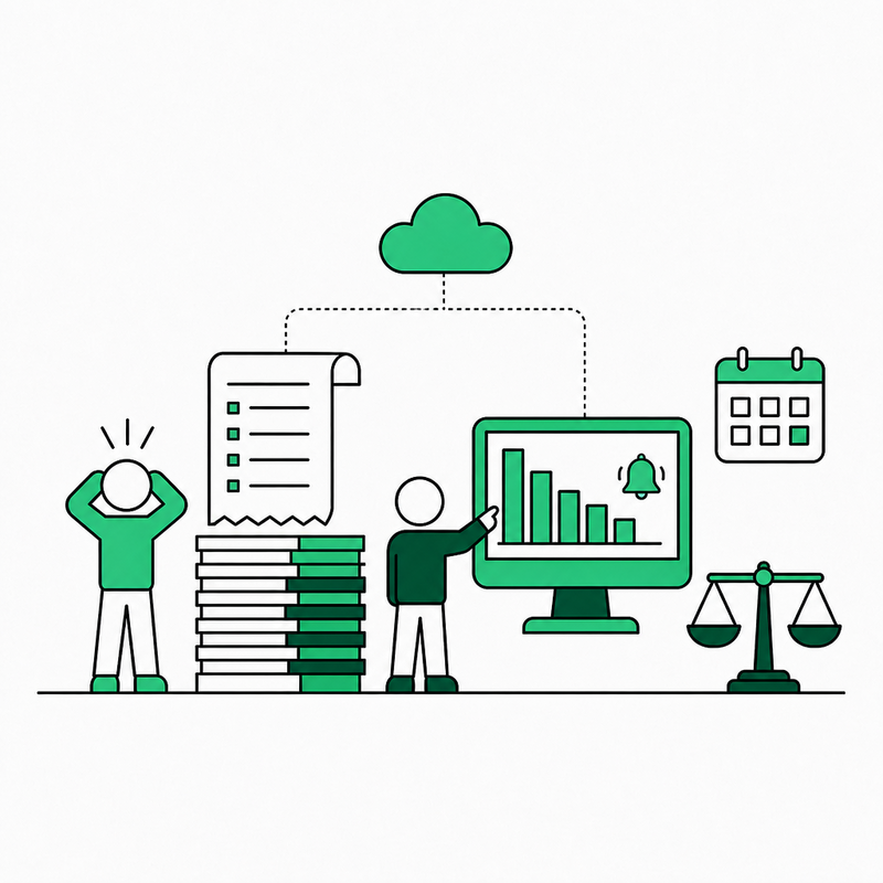 Illustration: a team with an AWS bill, a cloud, a cost scale and an alert on a monitor