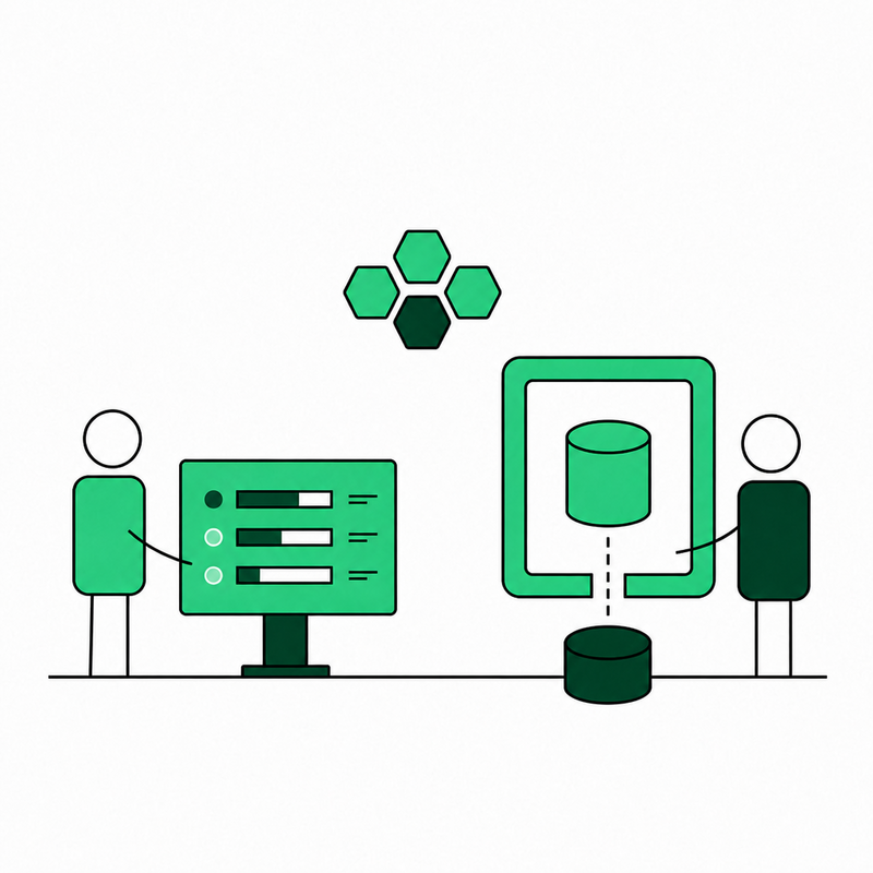 Illustration: a team at a monitor and a database in a container without an attached volume